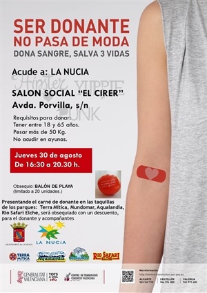 Cartel de la Captación de Sangre del próximo jueves, 30 de agosto
