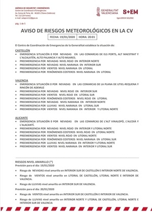 Avisos de riesgos meteorológicos para mañana lunes 20 de enero