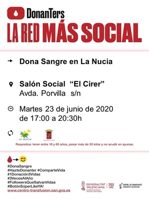 El martes 23 de junio el Centro de Transfusión de la Comunidad Valenciana se desplaza a La Nucía