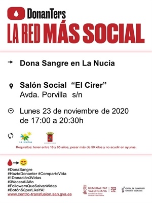 Imagen del Cartel de la captación de sangre del Centro de Transfusión de la Comunidad Valenciana hoy en La Nucía