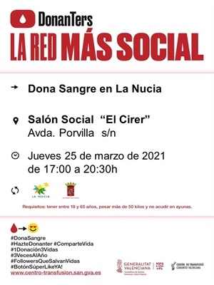 Cartel de la donación de sangre de La Nucía de mañana 25 de marzo