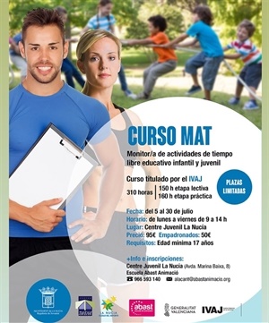 Cartel del Curso de Monitor de Tiempo Libre que se desarrollará en verano en La Nucía