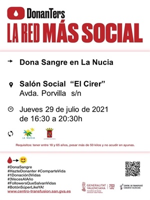 Cartel donación de sangre del próximo jueves 29 de julio