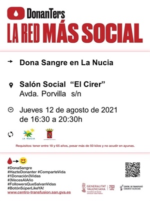 La donación de sangre será el jueves 12 de agosto por la tarde