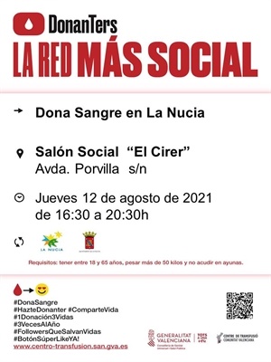 La donación de sangre será el jueves 12 de agosto por la tarde